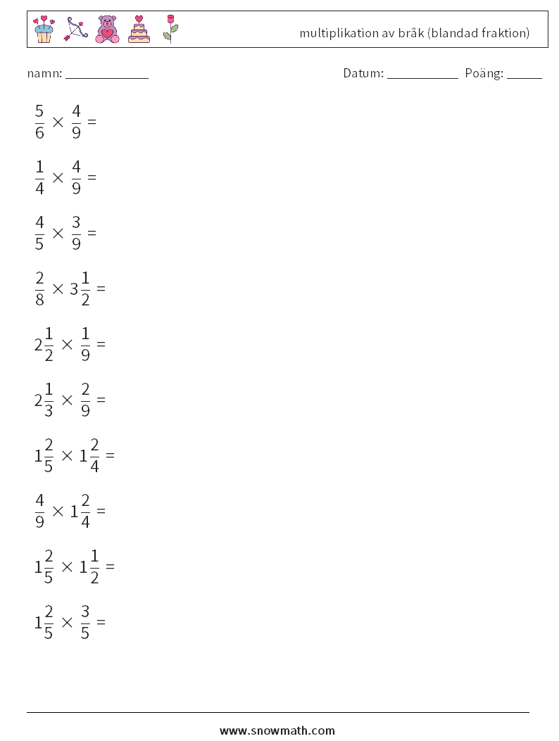 (10) multiplikation av bråk (blandad fraktion) Matematiska arbetsblad 15