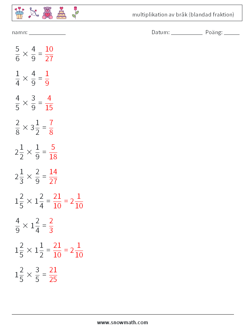 (10) multiplikation av bråk (blandad fraktion) Matematiska arbetsblad 15 Fråga, svar