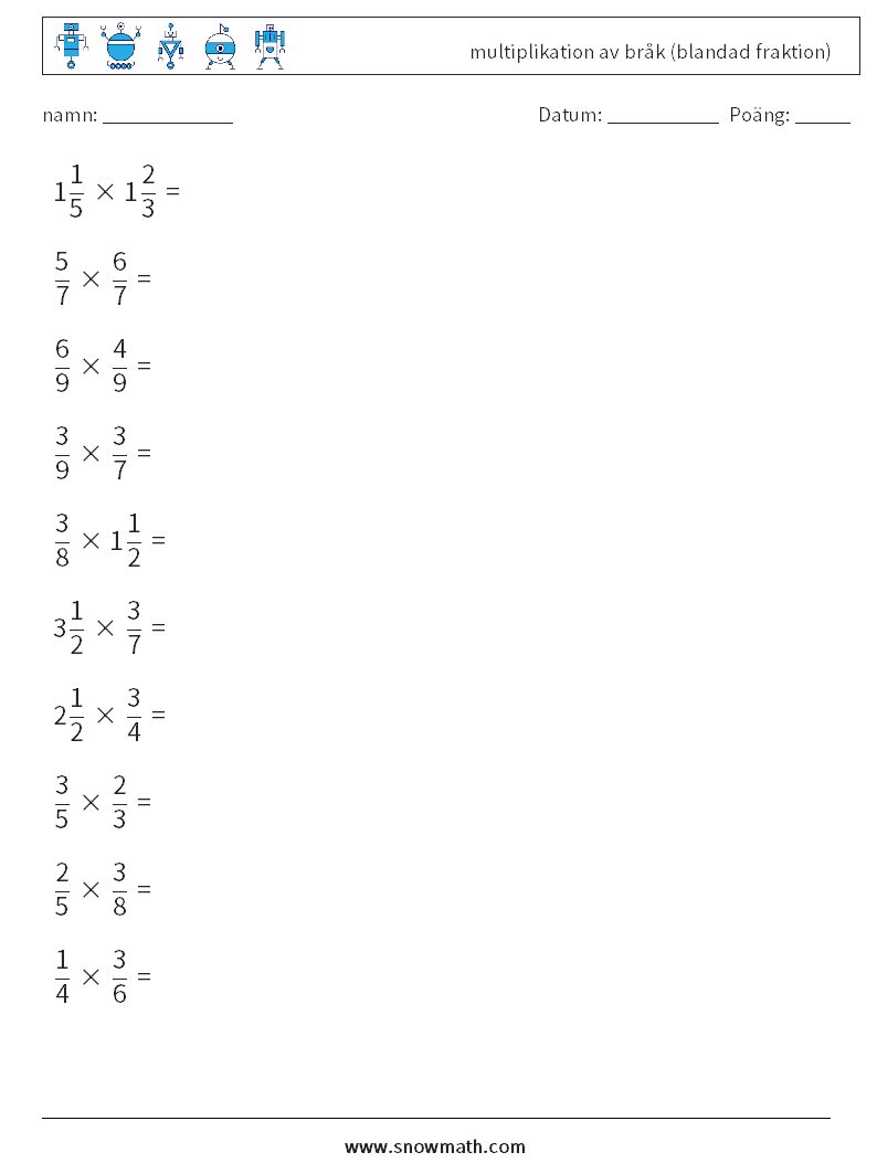 (10) multiplikation av bråk (blandad fraktion) Matematiska arbetsblad 17