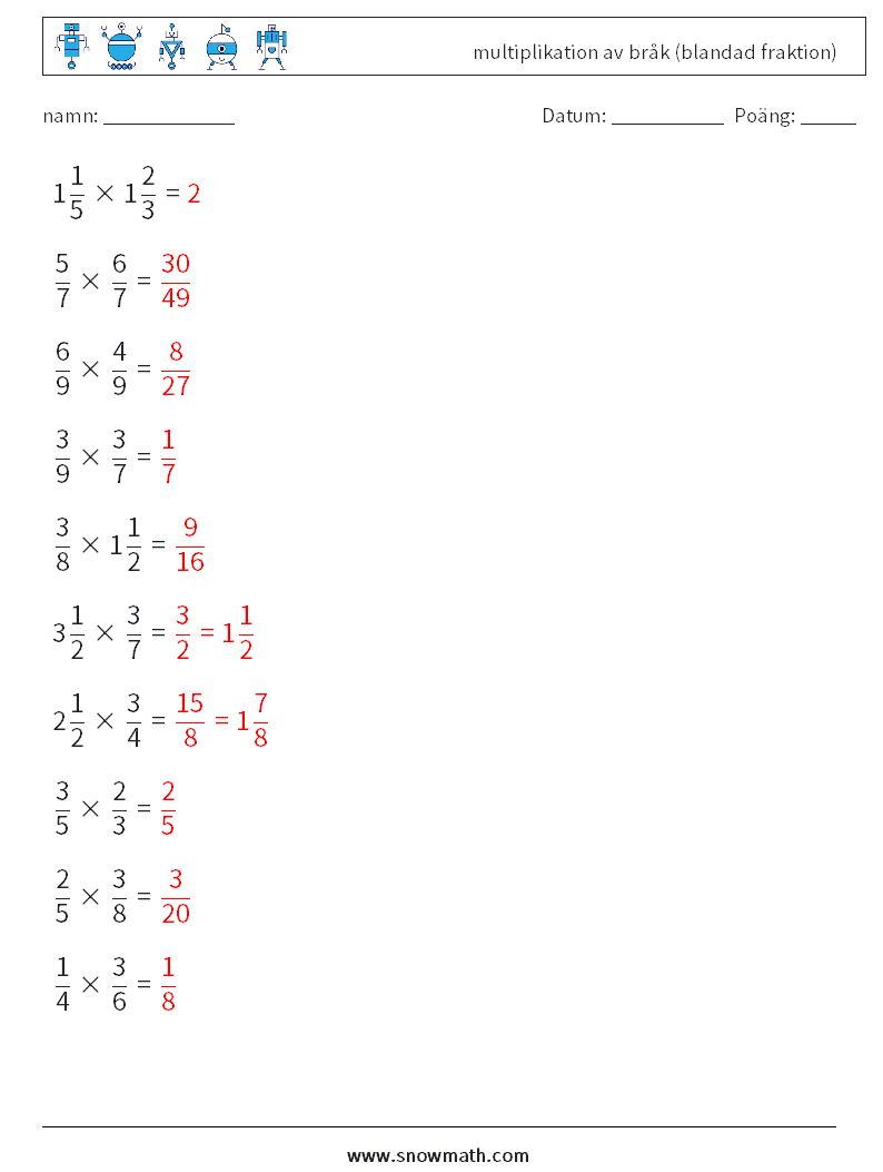 (10) multiplikation av bråk (blandad fraktion) Matematiska arbetsblad 17 Fråga, svar
