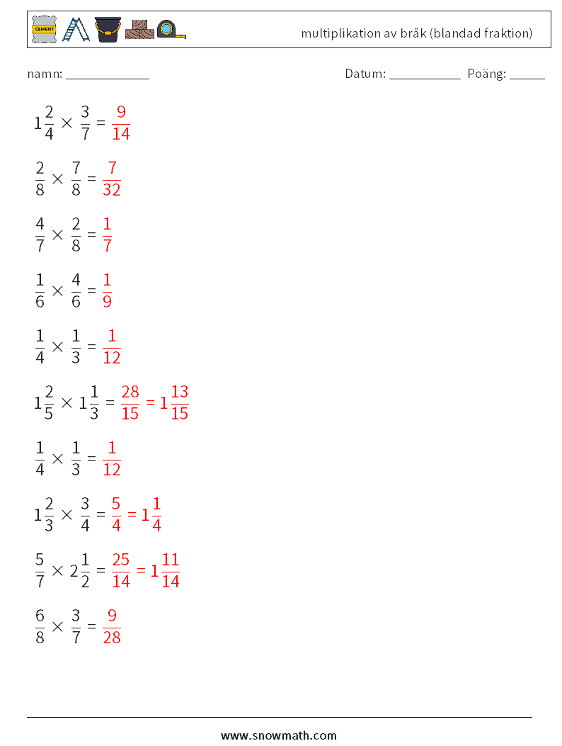 (10) multiplikation av bråk (blandad fraktion) Matematiska arbetsblad 18 Fråga, svar