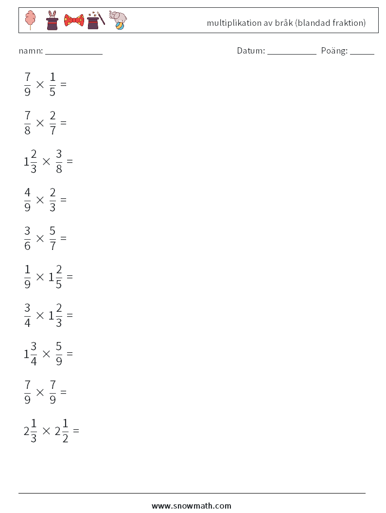 (10) multiplikation av bråk (blandad fraktion) Matematiska arbetsblad 2