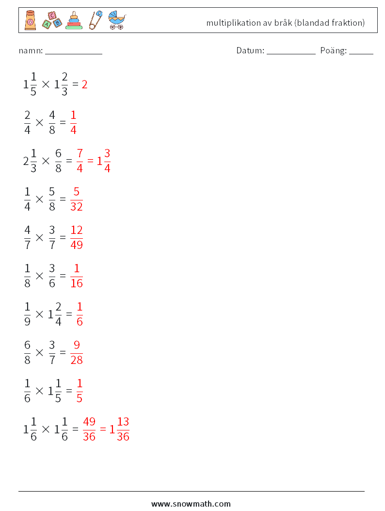 (10) multiplikation av bråk (blandad fraktion) Matematiska arbetsblad 3 Fråga, svar