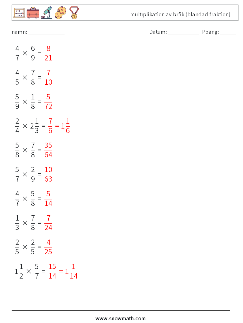 (10) multiplikation av bråk (blandad fraktion) Matematiska arbetsblad 4 Fråga, svar
