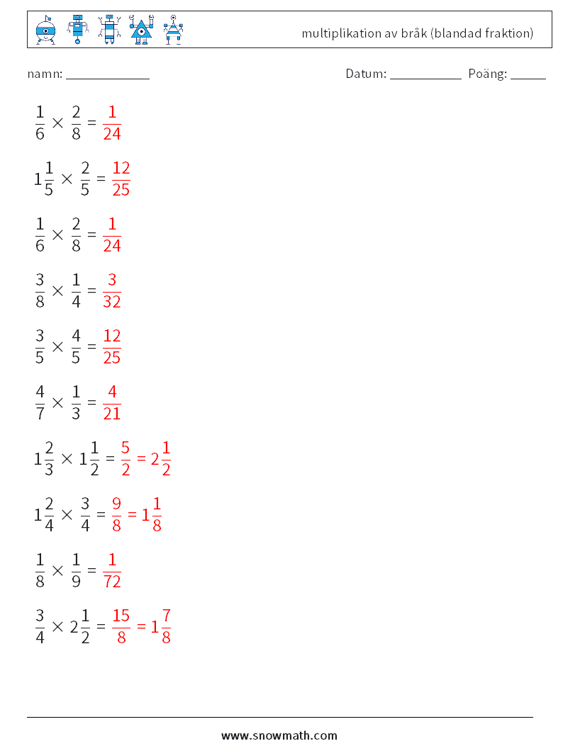 (10) multiplikation av bråk (blandad fraktion) Matematiska arbetsblad 8 Fråga, svar