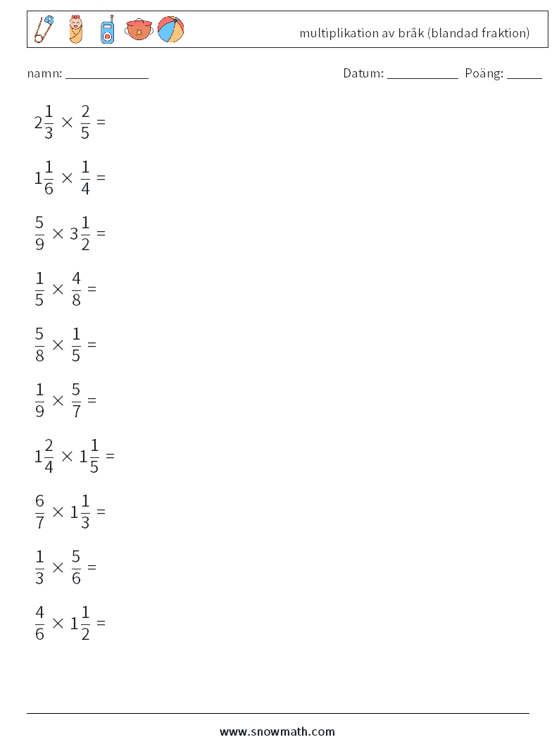 (10) multiplikation av bråk (blandad fraktion) Matematiska arbetsblad 9