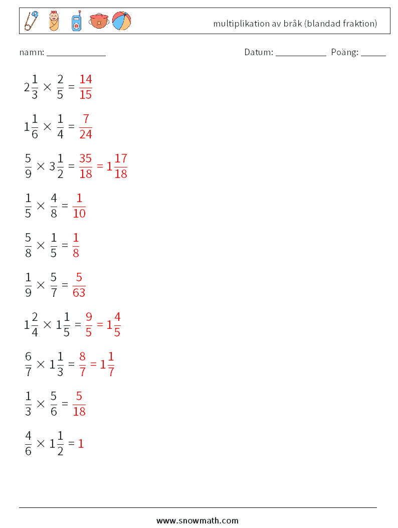 (10) multiplikation av bråk (blandad fraktion) Matematiska arbetsblad 9 Fråga, svar