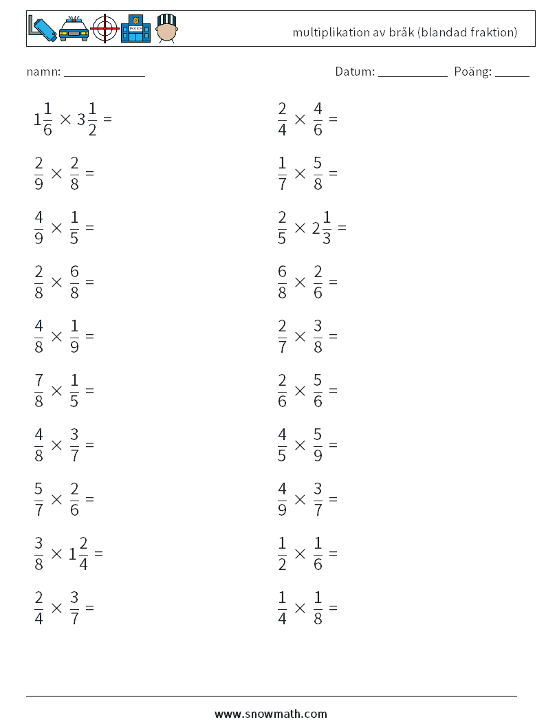 (20) multiplikation av bråk (blandad fraktion) Matematiska arbetsblad 1
