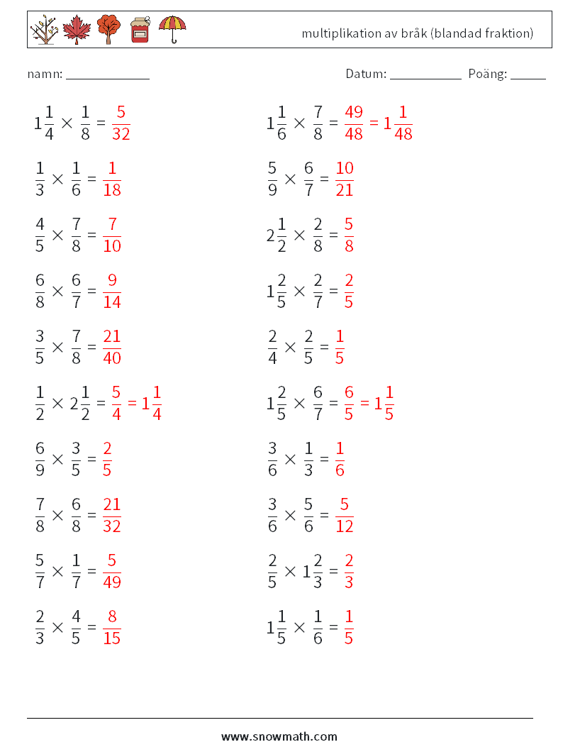 (20) multiplikation av bråk (blandad fraktion) Matematiska arbetsblad 10 Fråga, svar