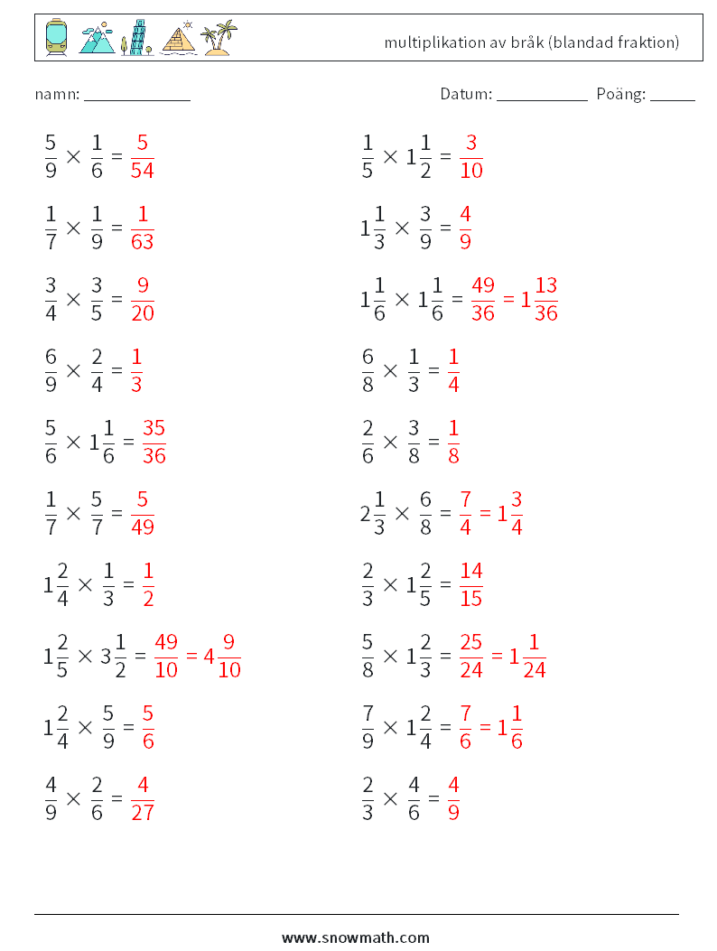 (20) multiplikation av bråk (blandad fraktion) Matematiska arbetsblad 12 Fråga, svar