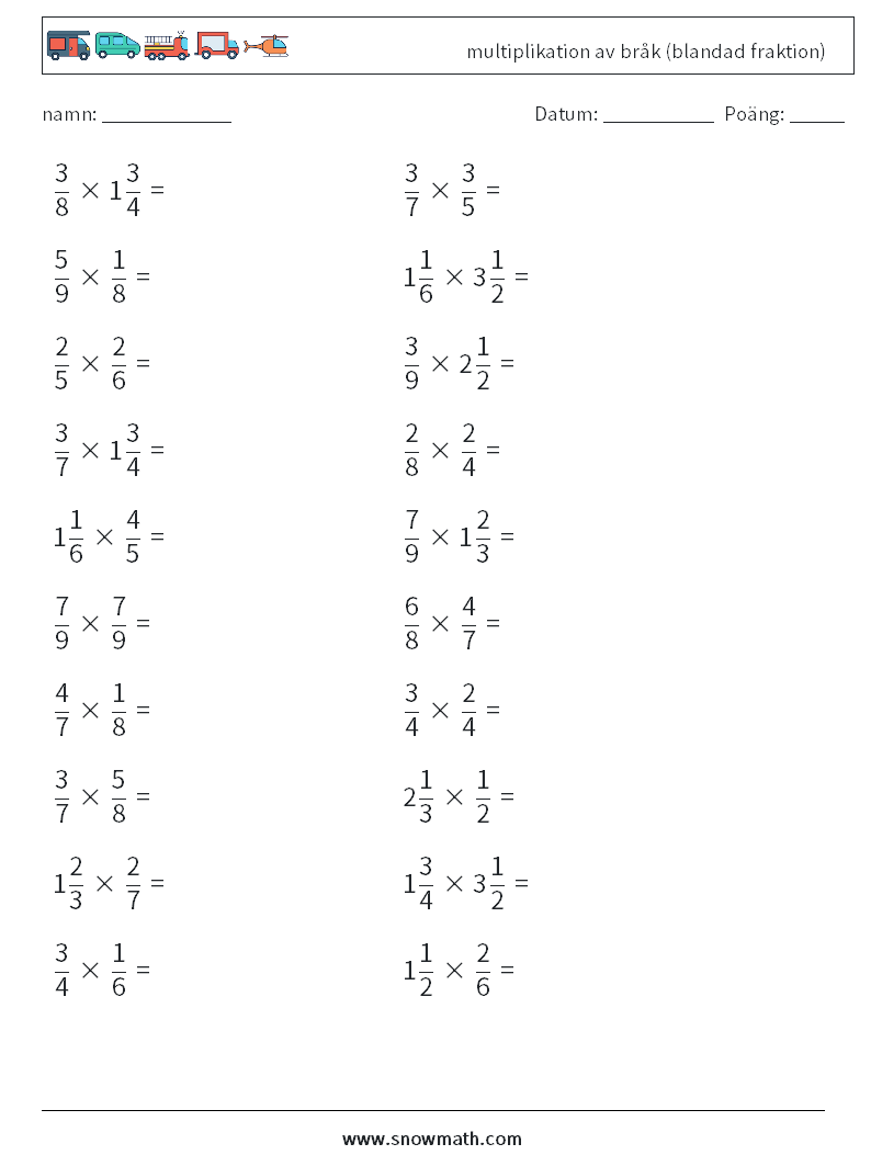 (20) multiplikation av bråk (blandad fraktion) Matematiska arbetsblad 13
