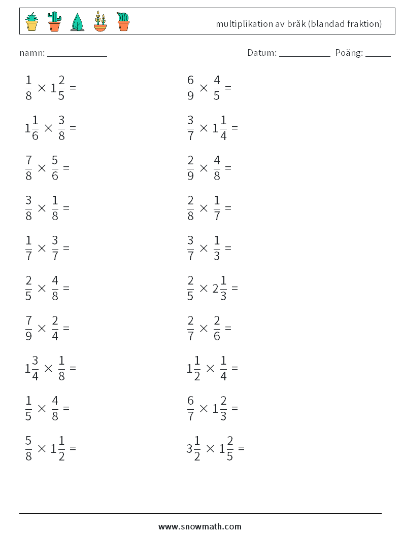(20) multiplikation av bråk (blandad fraktion) Matematiska arbetsblad 14