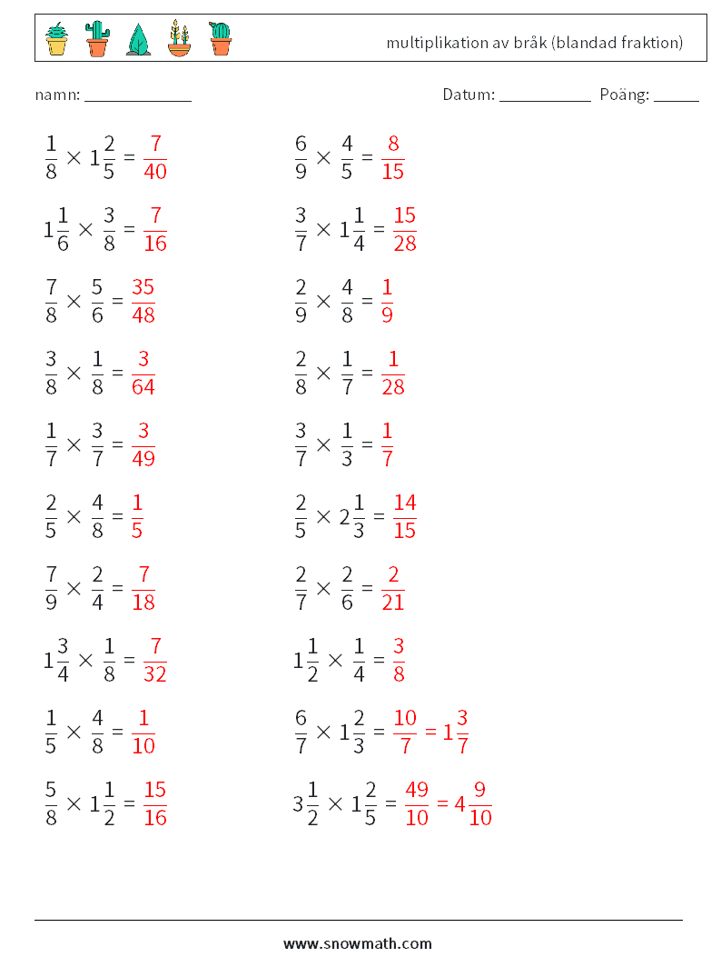 (20) multiplikation av bråk (blandad fraktion) Matematiska arbetsblad 14 Fråga, svar