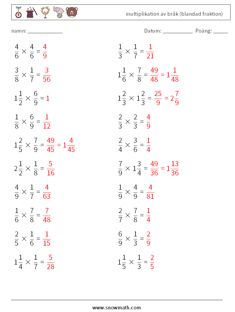 (20) multiplikation av bråk (blandad fraktion) Matematiska arbetsblad 16 Fråga, svar
