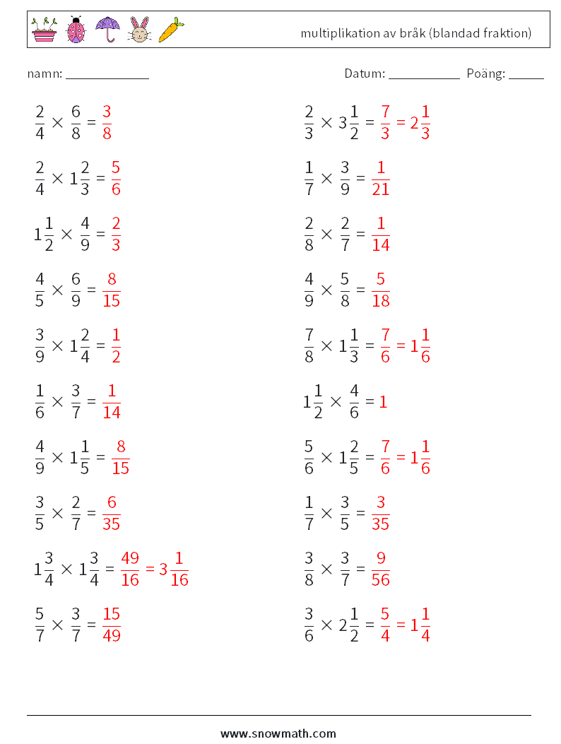 (20) multiplikation av bråk (blandad fraktion) Matematiska arbetsblad 18 Fråga, svar