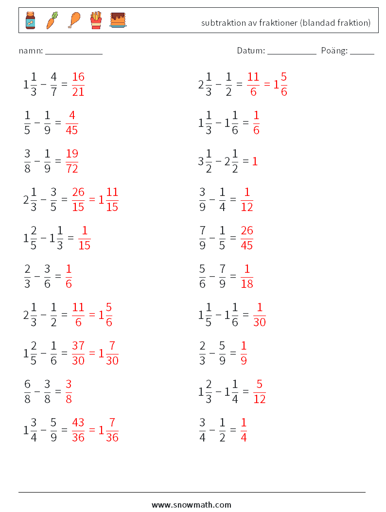 (20) subtraktion av fraktioner (blandad fraktion) Matematiska arbetsblad 12 Fråga, svar