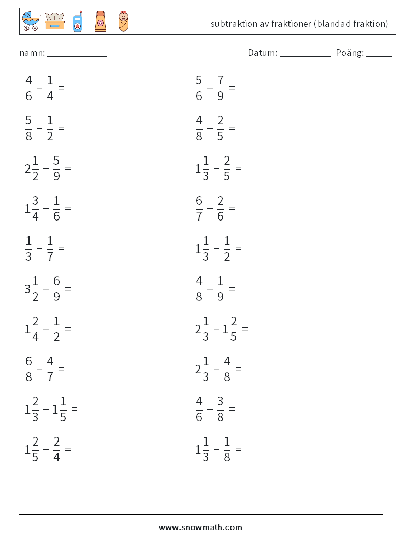 (20) subtraktion av fraktioner (blandad fraktion) Matematiska arbetsblad 13