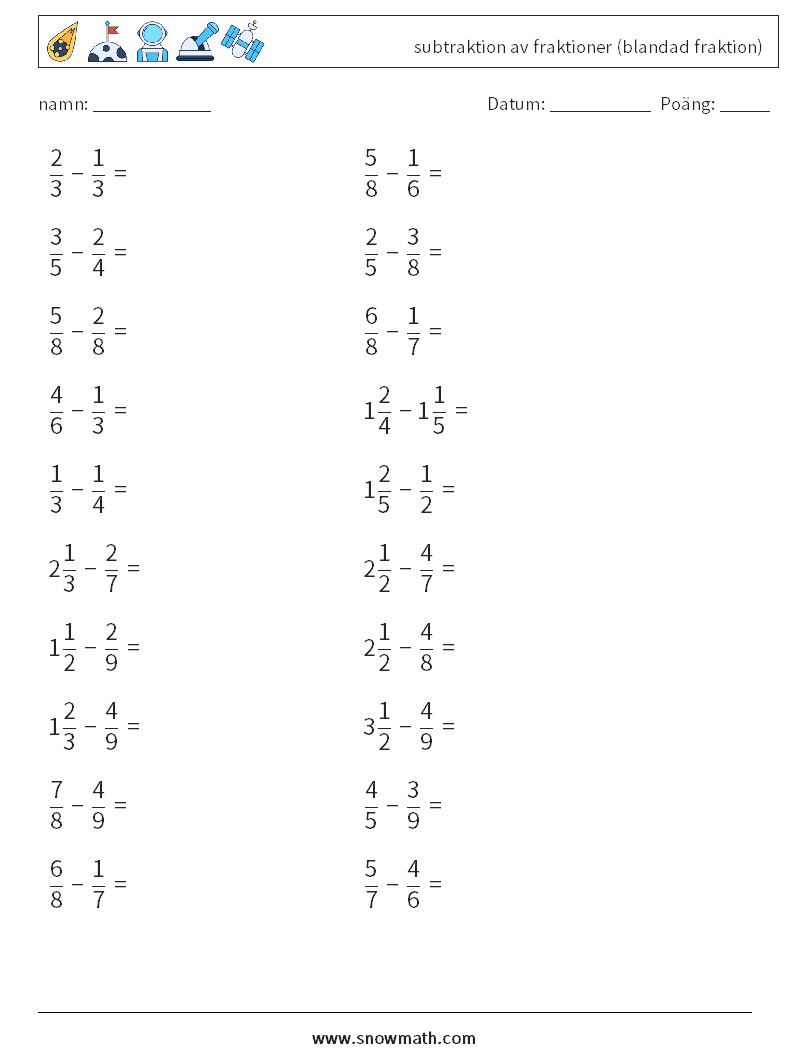 (20) subtraktion av fraktioner (blandad fraktion) Matematiska arbetsblad 15