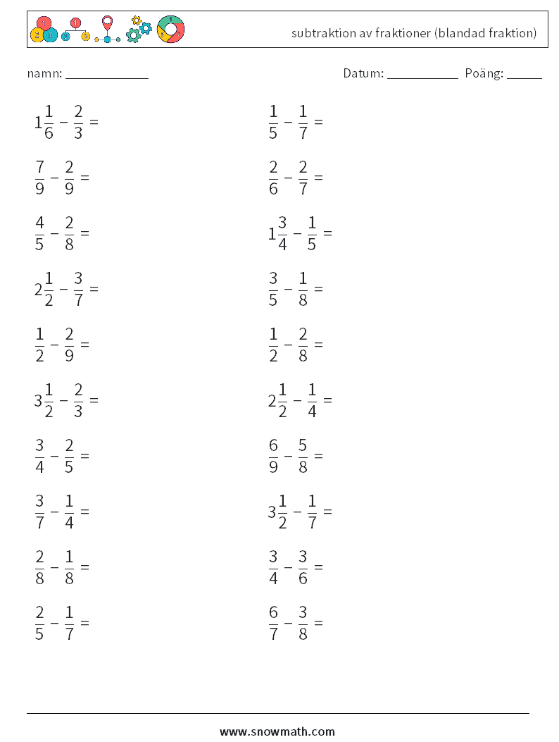 (20) subtraktion av fraktioner (blandad fraktion) Matematiska arbetsblad 16