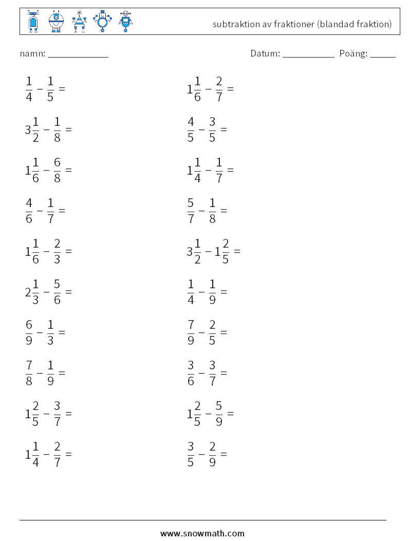 (20) subtraktion av fraktioner (blandad fraktion) Matematiska arbetsblad 17