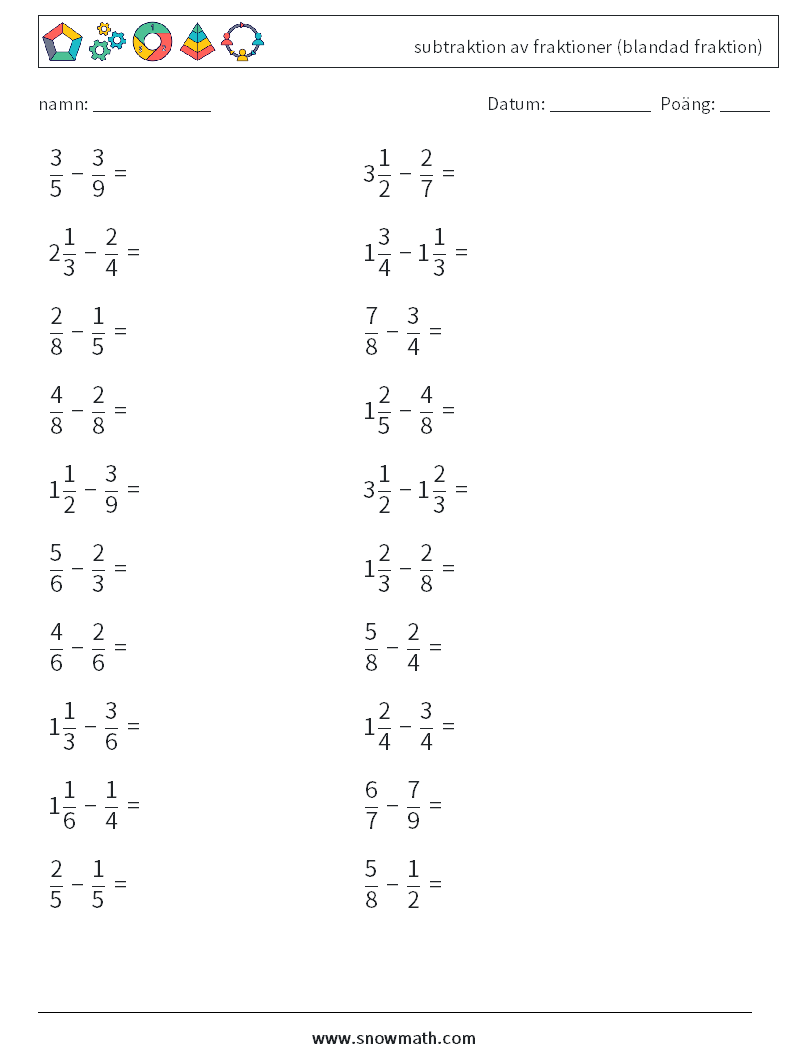 (20) subtraktion av fraktioner (blandad fraktion) Matematiska arbetsblad 18
