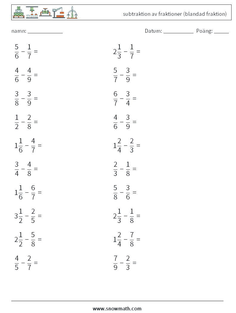 (20) subtraktion av fraktioner (blandad fraktion) Matematiska arbetsblad 2