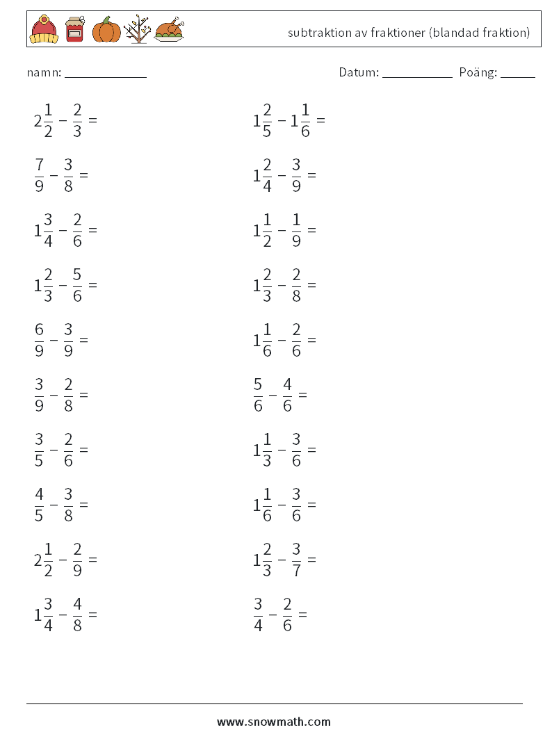(20) subtraktion av fraktioner (blandad fraktion) Matematiska arbetsblad 5