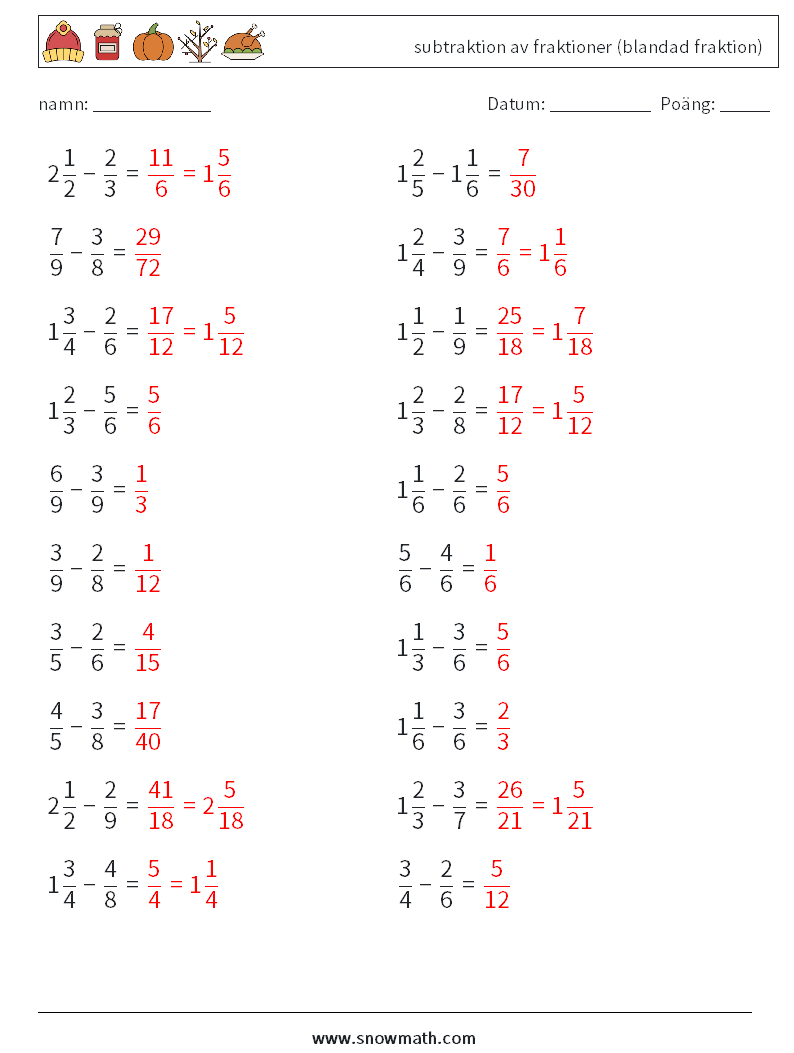 (20) subtraktion av fraktioner (blandad fraktion) Matematiska arbetsblad 5 Fråga, svar
