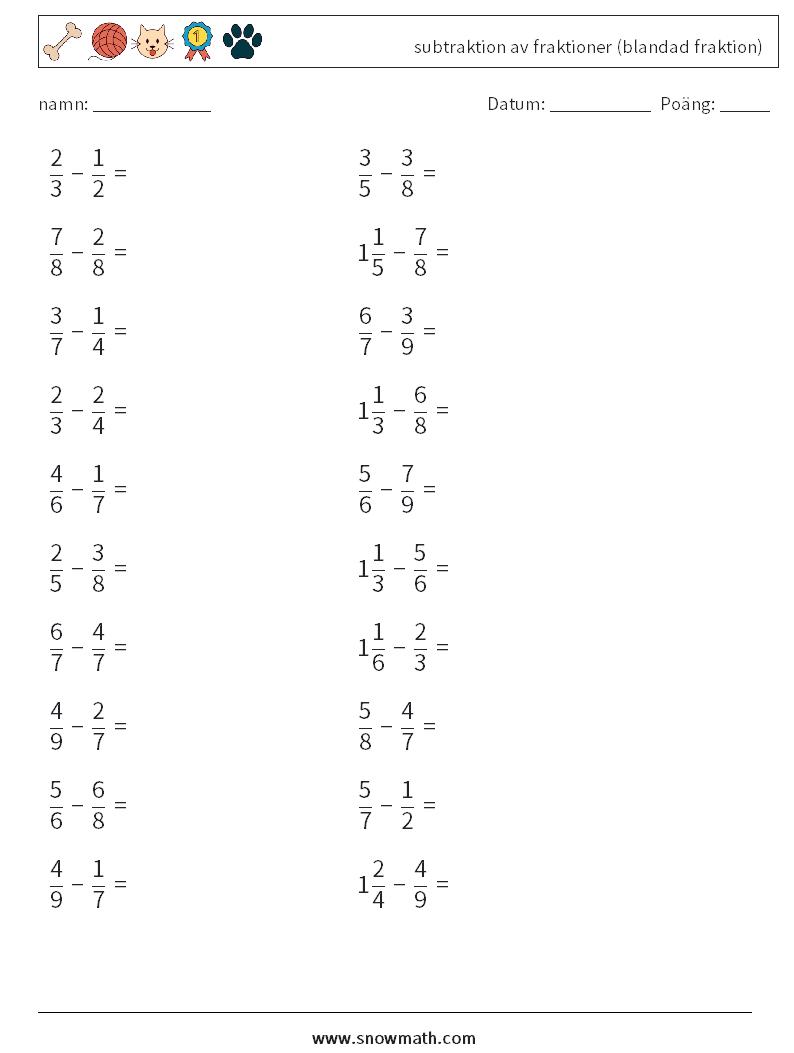 (20) subtraktion av fraktioner (blandad fraktion) Matematiska arbetsblad 6