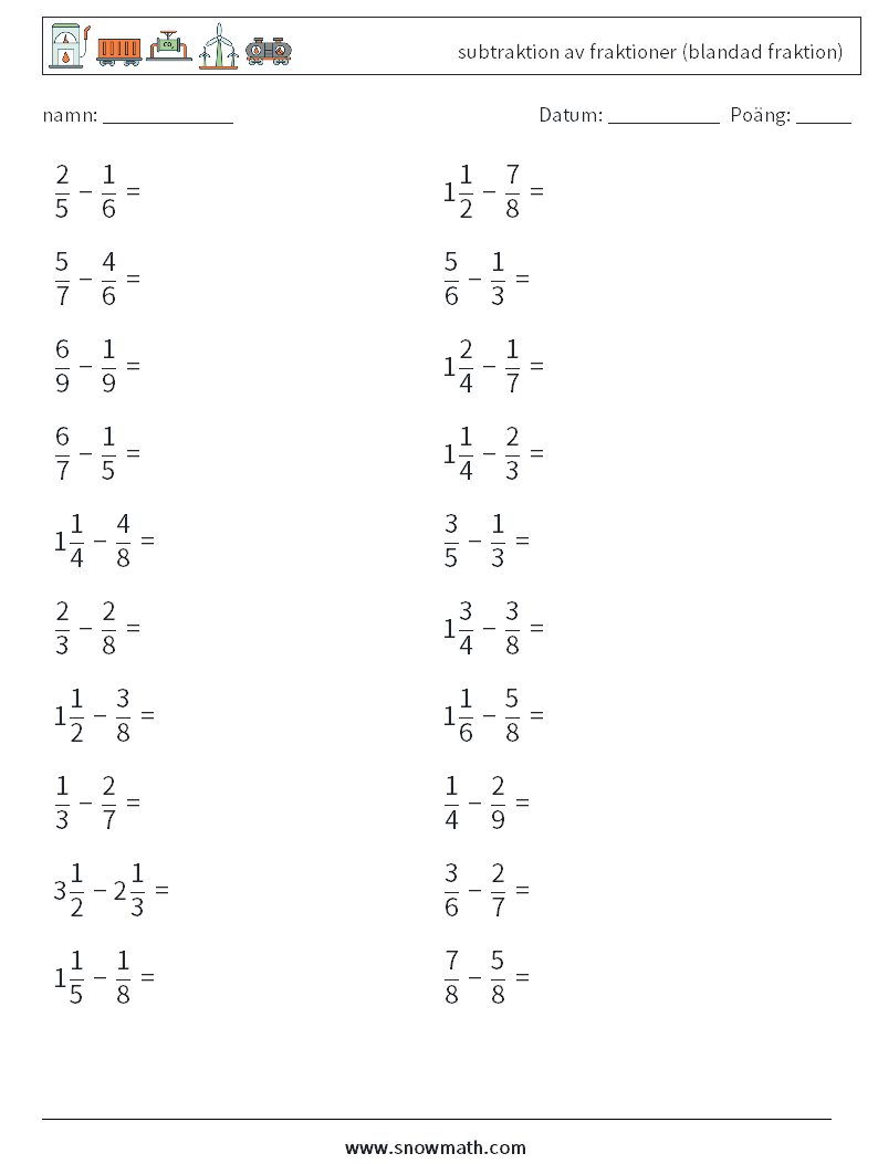 (20) subtraktion av fraktioner (blandad fraktion) Matematiska arbetsblad 8