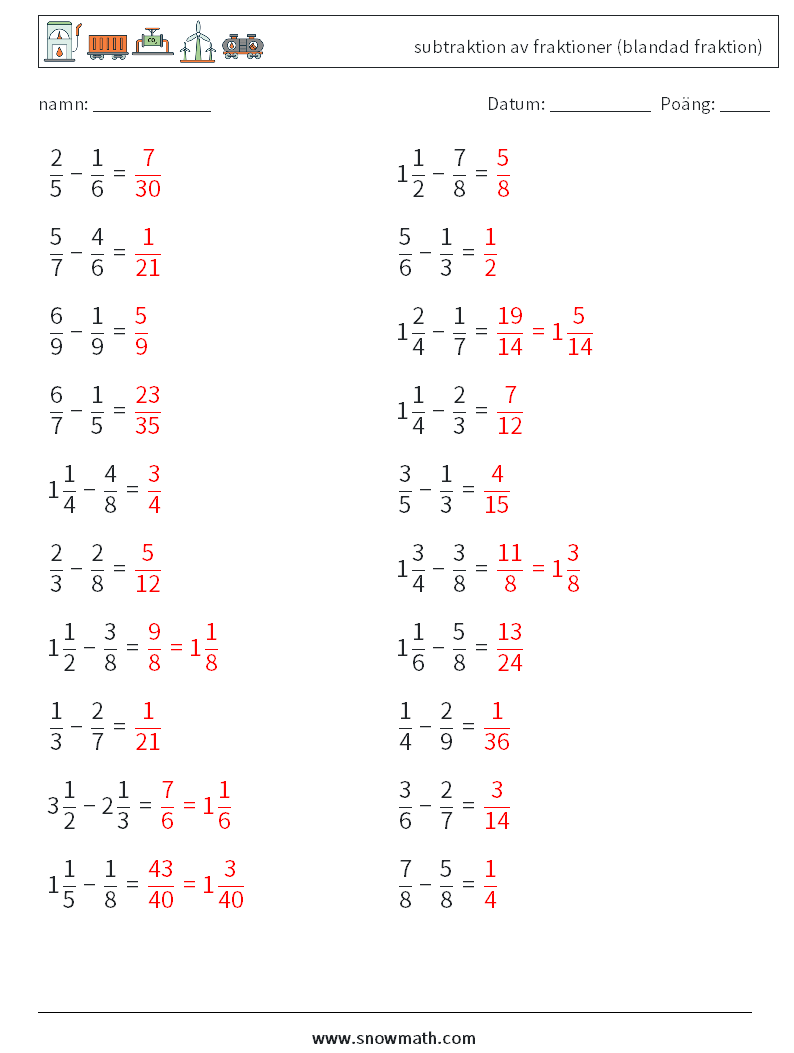 (20) subtraktion av fraktioner (blandad fraktion) Matematiska arbetsblad 8 Fråga, svar