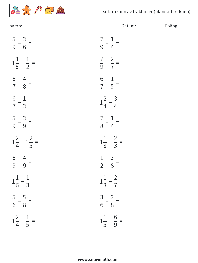 (20) subtraktion av fraktioner (blandad fraktion) Matematiska arbetsblad 9