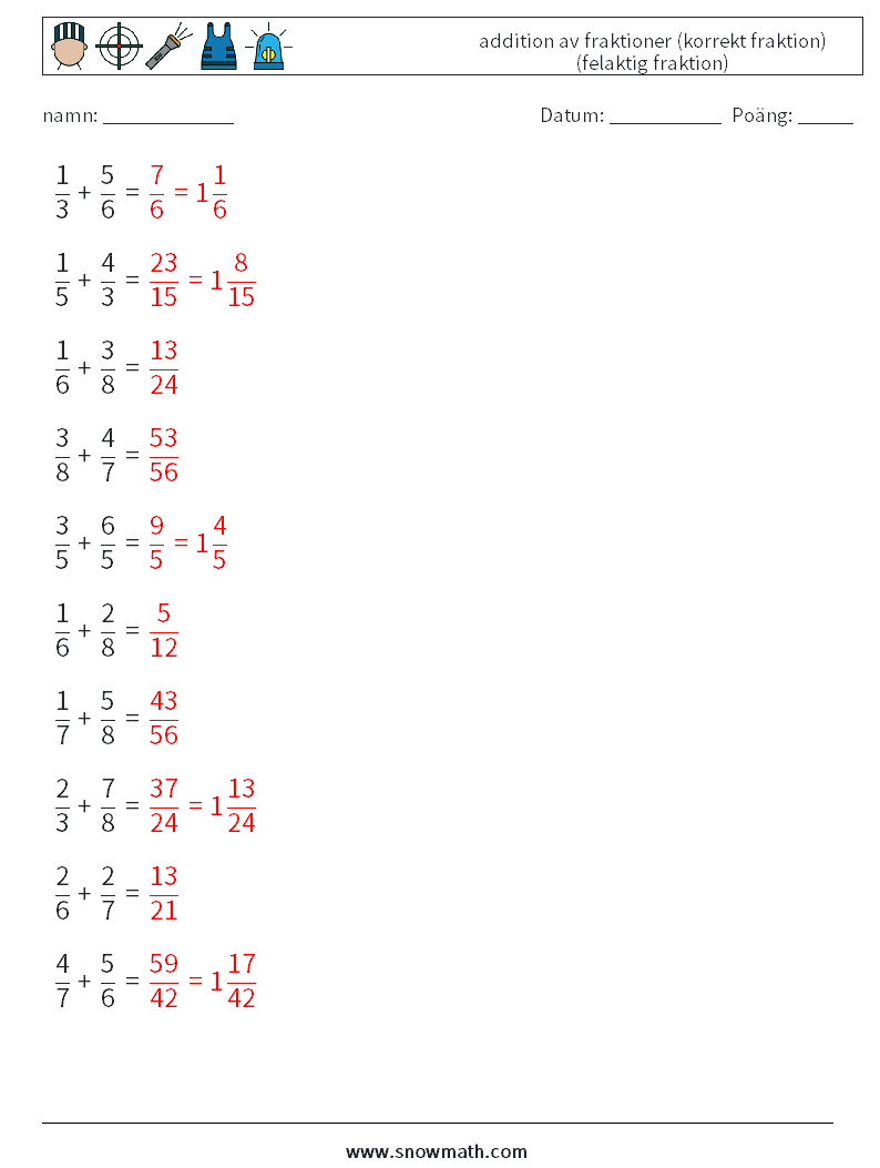 (10) addition av fraktioner (korrekt fraktion) (felaktig fraktion) Matematiska arbetsblad 10 Fråga, svar