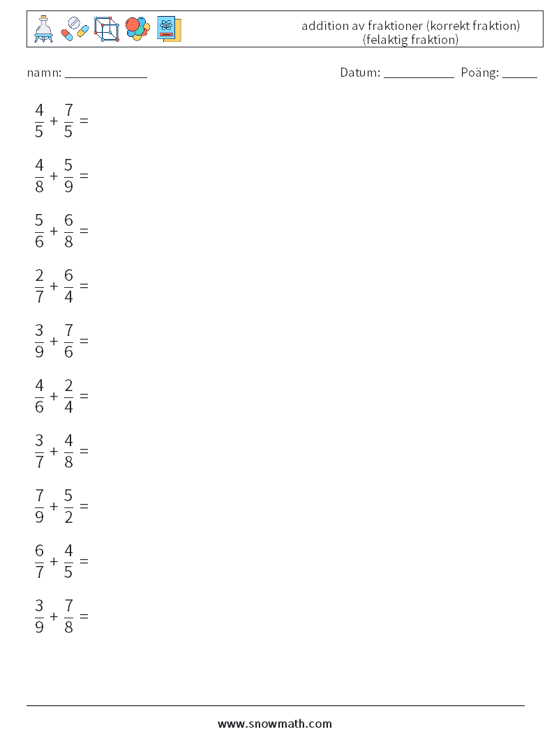 (10) addition av fraktioner (korrekt fraktion) (felaktig fraktion) Matematiska arbetsblad 12