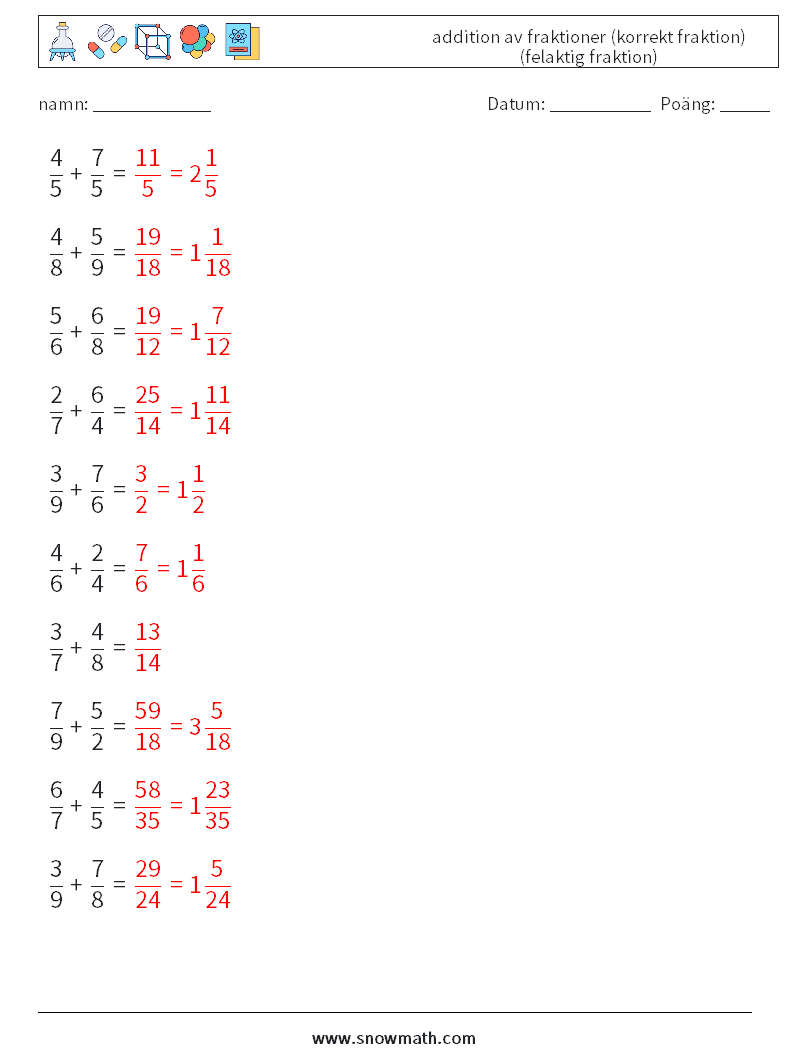 (10) addition av fraktioner (korrekt fraktion) (felaktig fraktion) Matematiska arbetsblad 12 Fråga, svar