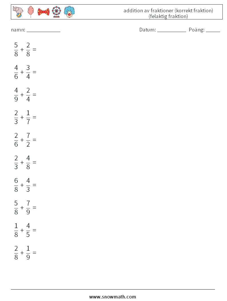 (10) addition av fraktioner (korrekt fraktion) (felaktig fraktion) Matematiska arbetsblad 13