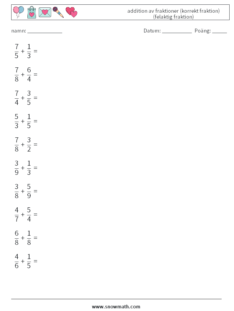 (10) addition av fraktioner (korrekt fraktion) (felaktig fraktion) Matematiska arbetsblad 14