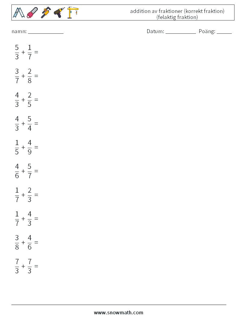 (10) addition av fraktioner (korrekt fraktion) (felaktig fraktion) Matematiska arbetsblad 15