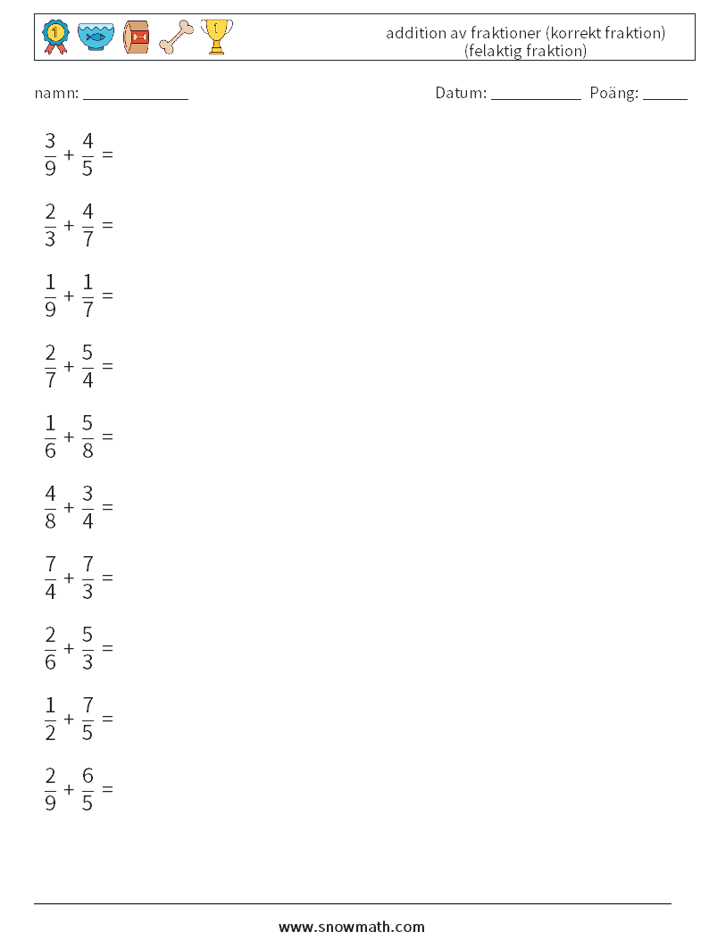 (10) addition av fraktioner (korrekt fraktion) (felaktig fraktion) Matematiska arbetsblad 17