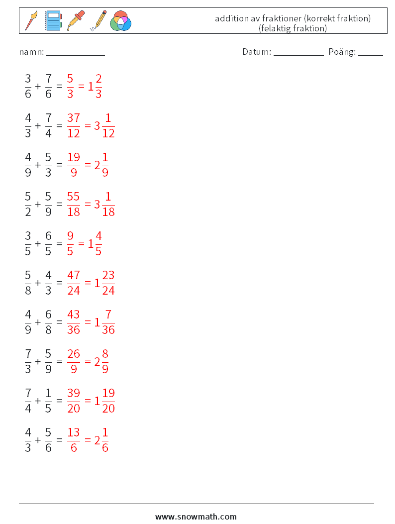 (10) addition av fraktioner (korrekt fraktion) (felaktig fraktion) Matematiska arbetsblad 1 Fråga, svar