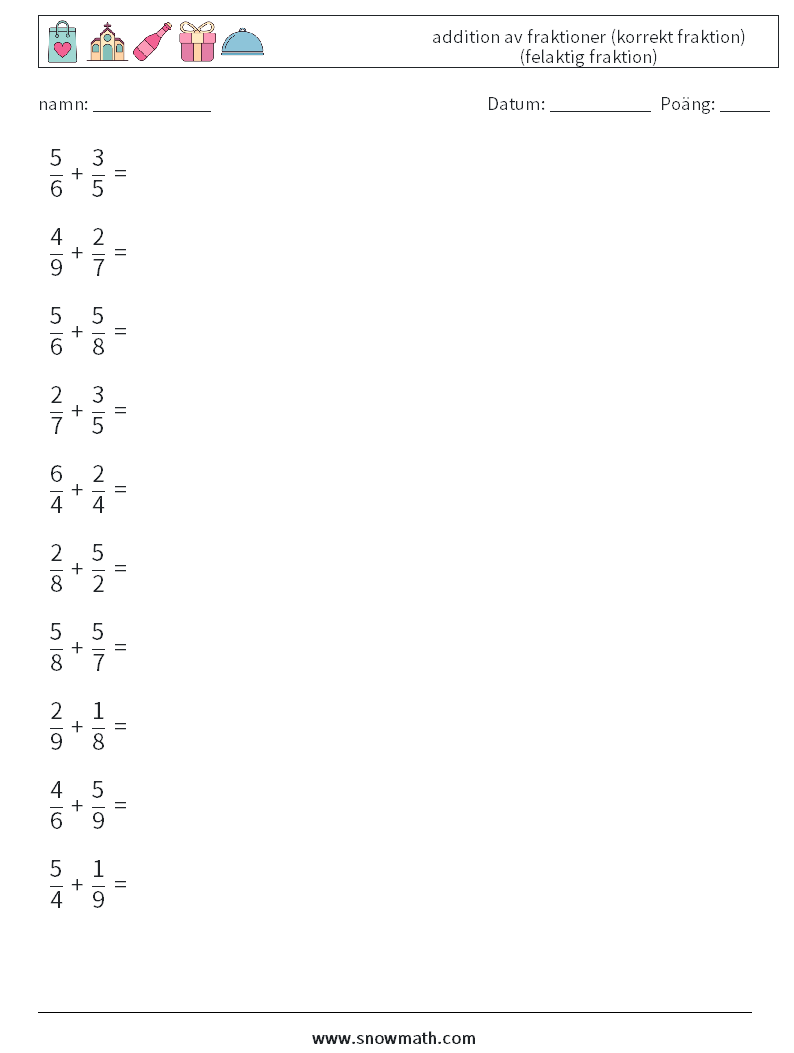 (10) addition av fraktioner (korrekt fraktion) (felaktig fraktion) Matematiska arbetsblad 3