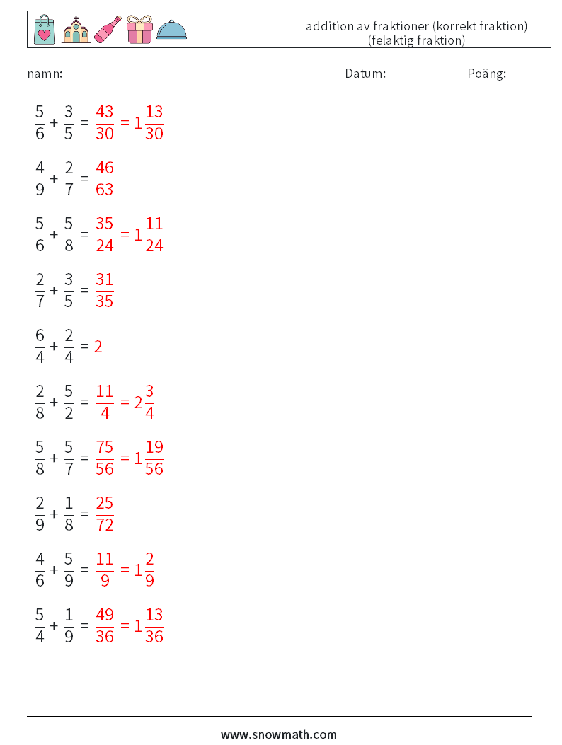 (10) addition av fraktioner (korrekt fraktion) (felaktig fraktion) Matematiska arbetsblad 3 Fråga, svar