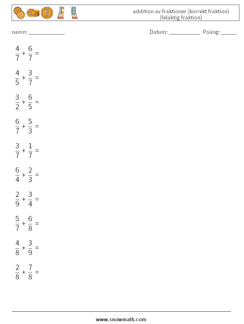 (10) addition av fraktioner (korrekt fraktion) (felaktig fraktion) Matematiska arbetsblad 5