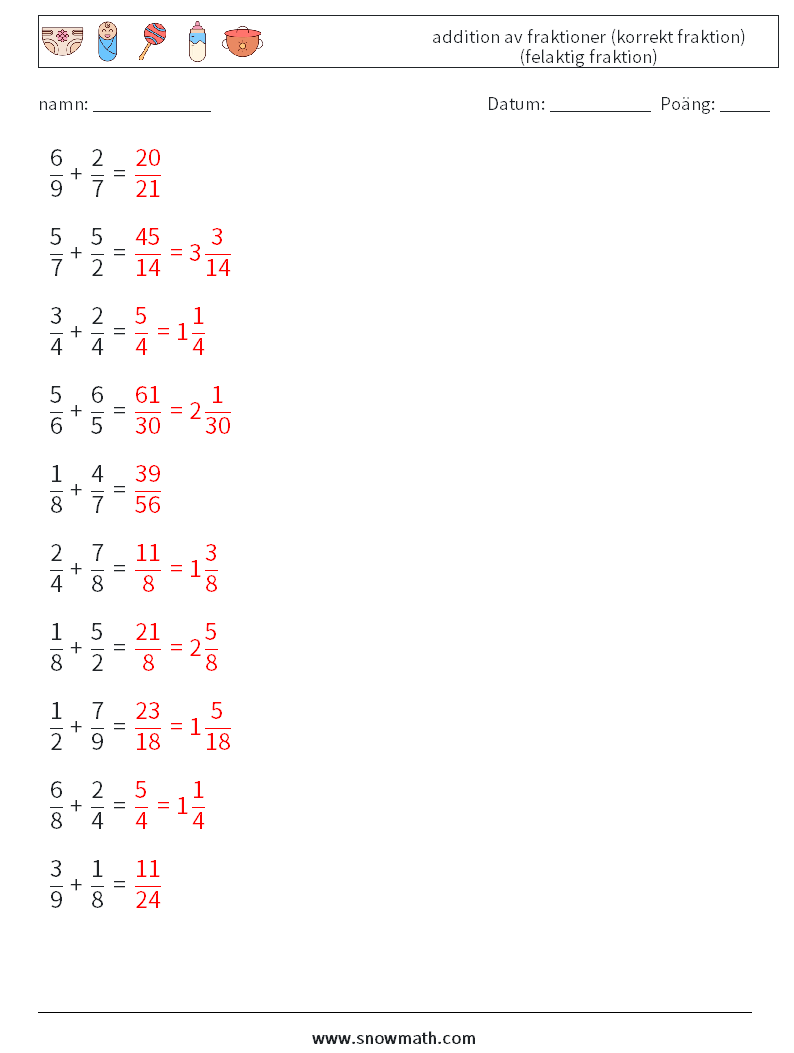 (10) addition av fraktioner (korrekt fraktion) (felaktig fraktion) Matematiska arbetsblad 7 Fråga, svar