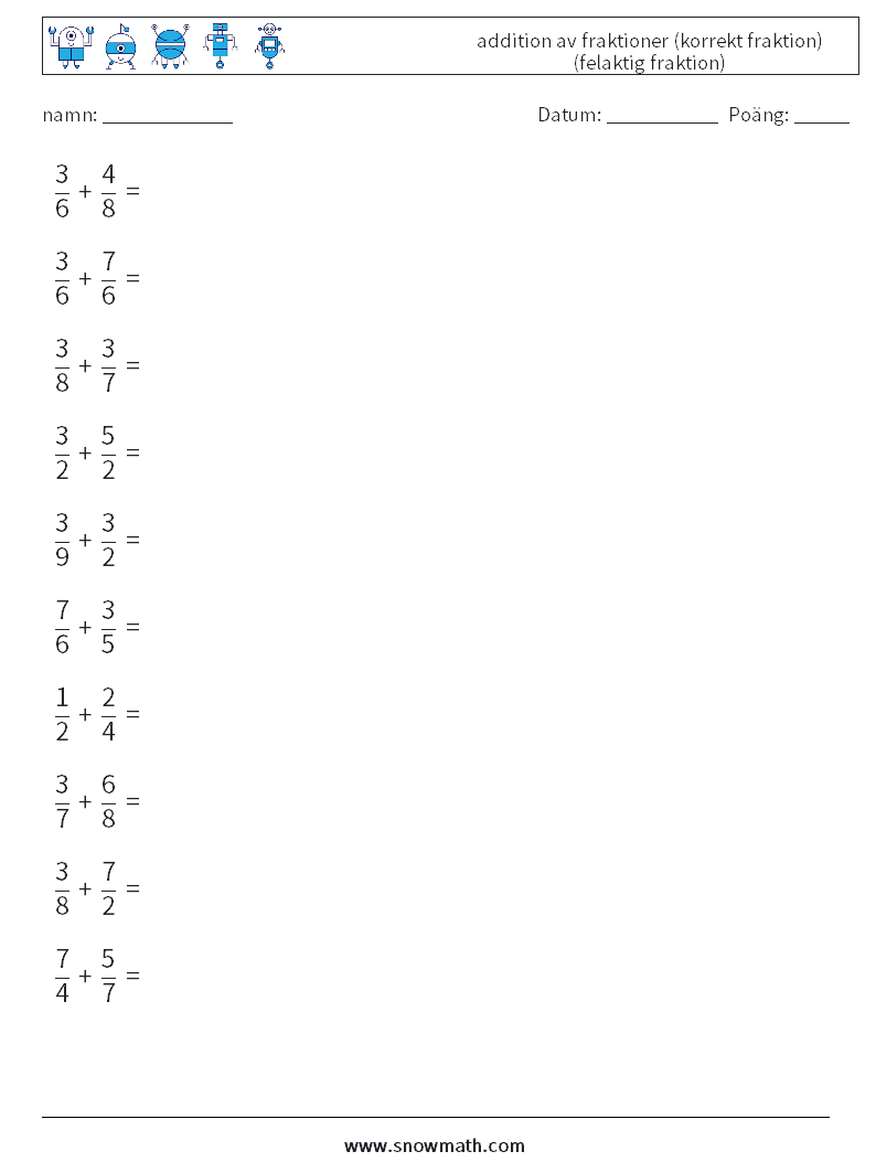 (10) addition av fraktioner (korrekt fraktion) (felaktig fraktion) Matematiska arbetsblad 8