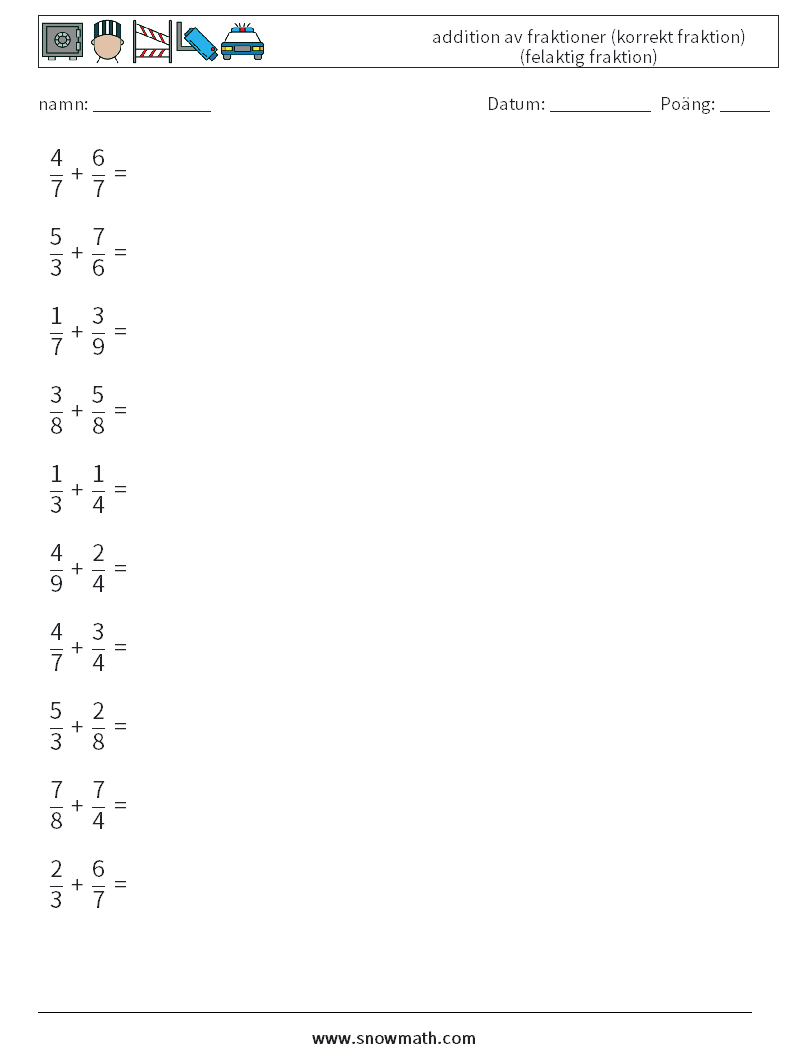 (10) addition av fraktioner (korrekt fraktion) (felaktig fraktion) Matematiska arbetsblad 9