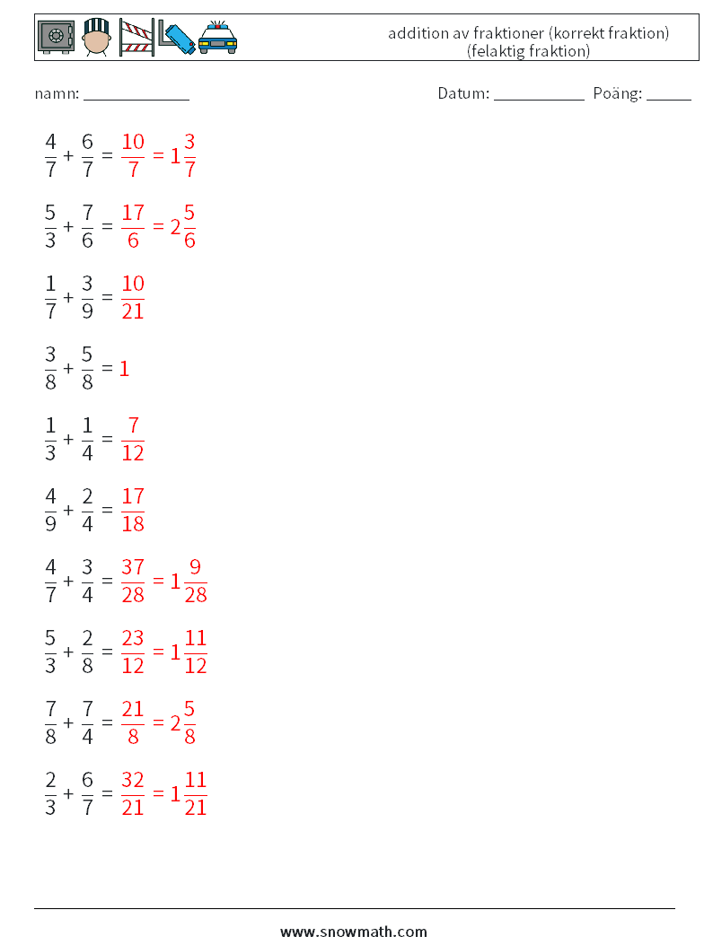 (10) addition av fraktioner (korrekt fraktion) (felaktig fraktion) Matematiska arbetsblad 9 Fråga, svar