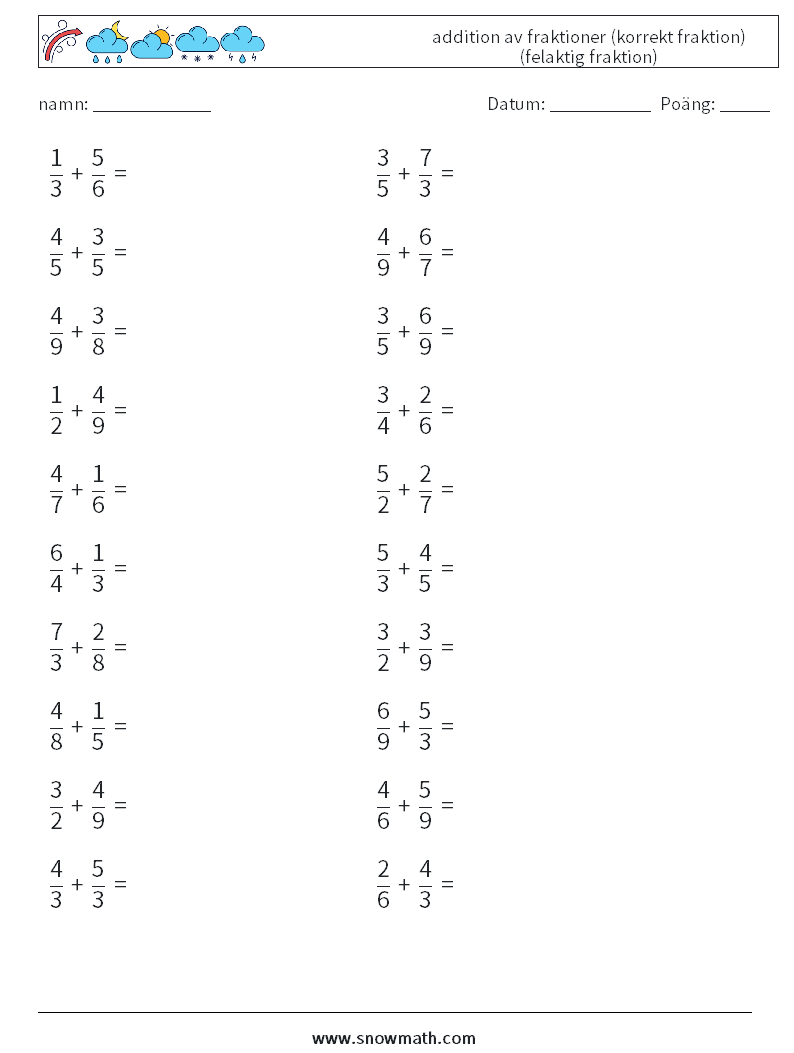 (20) addition av fraktioner (korrekt fraktion) (felaktig fraktion) Matematiska arbetsblad 10