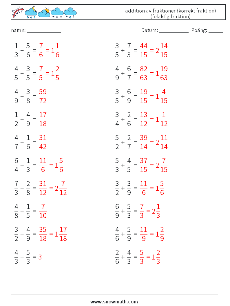 (20) addition av fraktioner (korrekt fraktion) (felaktig fraktion) Matematiska arbetsblad 10 Fråga, svar