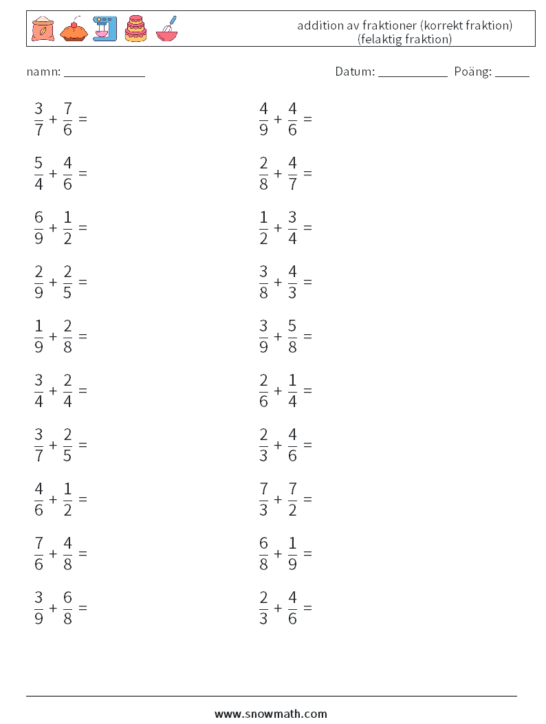(20) addition av fraktioner (korrekt fraktion) (felaktig fraktion) Matematiska arbetsblad 11